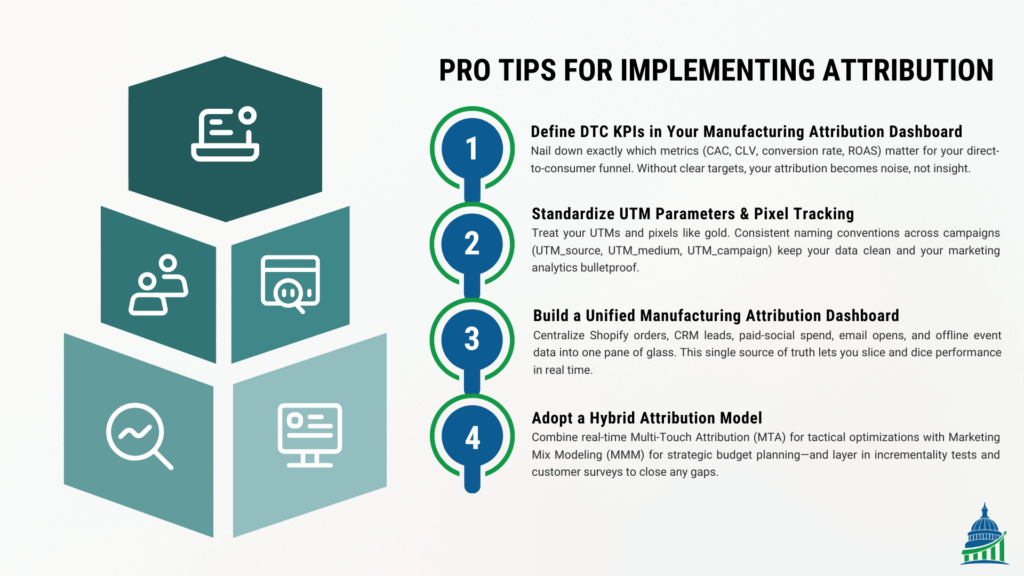 Infographic for the 4 tips to successfully implement marketing attribution for DTC marketing.