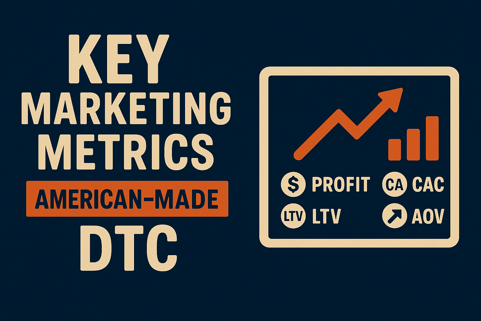 Key marketing metrics for American-made DTC brands, featuring profit, CAC, LTV, and AOV visualized with icons and a growth chart.