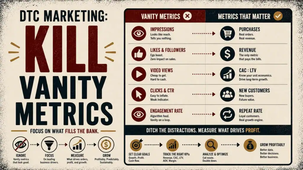 A two-column comparison pairing five vanity metrics (impressions, likes and followers, video views, clicks, engagement rate) against five metrics that matter (purchases, revenue, CAC to LTV, new customers, repeat rate), beside the headline DTC Marketing: Kill Vanity Metrics