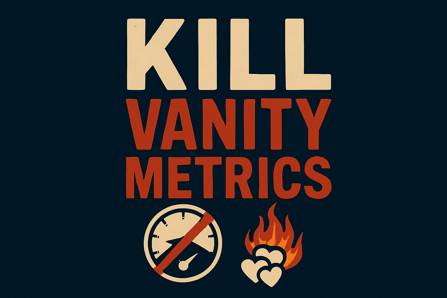 Performance measurement for DTC marketing graphic urging users to kill vanity metrics with bold text and symbolic icons.