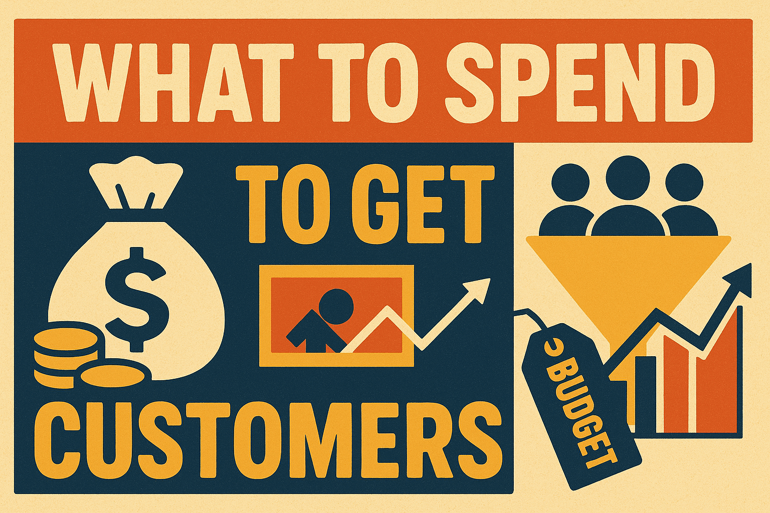 DTC customer acquisition cost graphic showing budget, funnel, and spending to get new customers.
