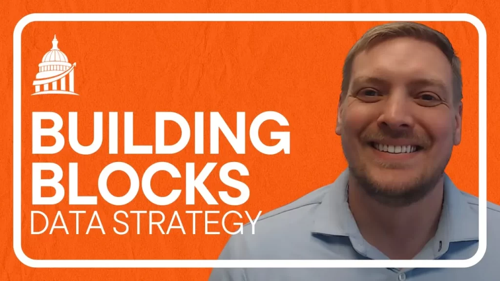 Video thumbnail showing the six building blocks of data strategy with smiling presenter on orange background.