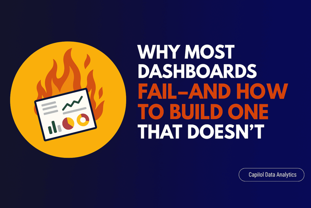 Dashboard failure feature image showing a burning dashboard to illustrate why dashboards fail in business.
