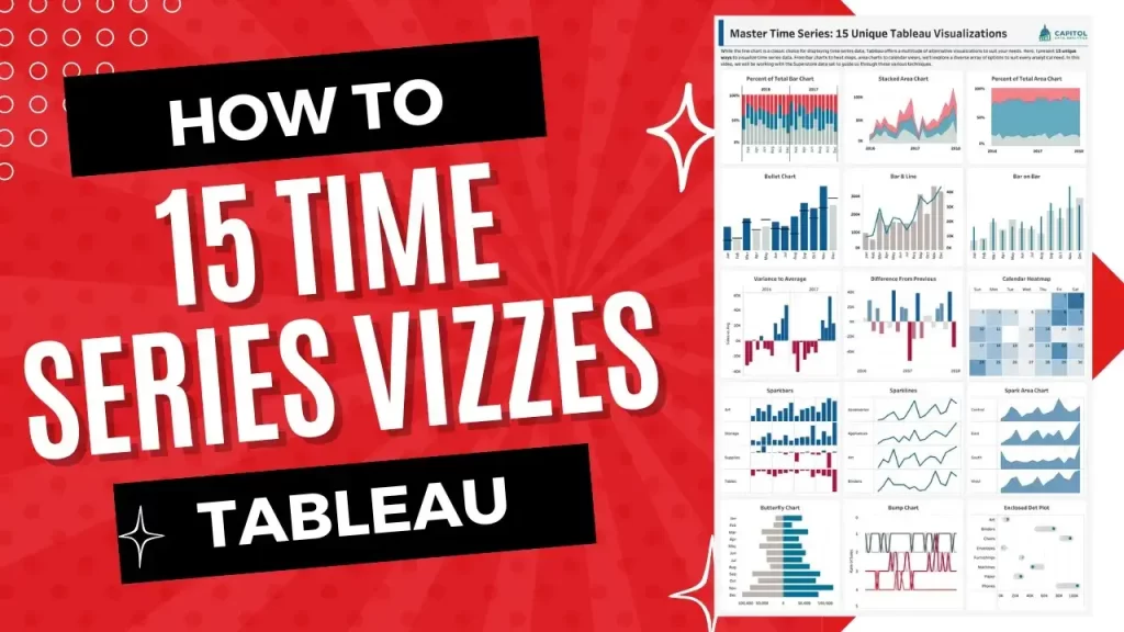 Time series visualization Tableau feature image showing 15 unique chart types for time-based data analysis.