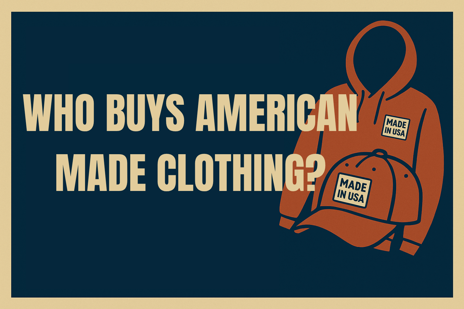 Bold graphic asking who buys American made clothing, with hoodie and hat labeled "Made in USA"