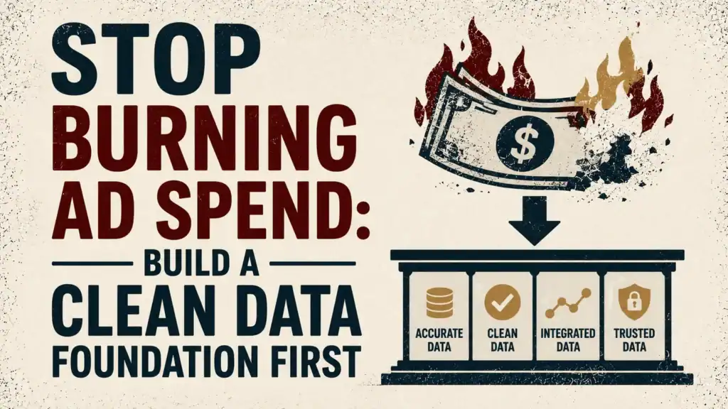 Dollar bills burning above a four-pillar foundation labeled accurate, clean, integrated, and trusted data, beside the headline Stop Burning Ad Spend: Build a Clean Data Foundation First