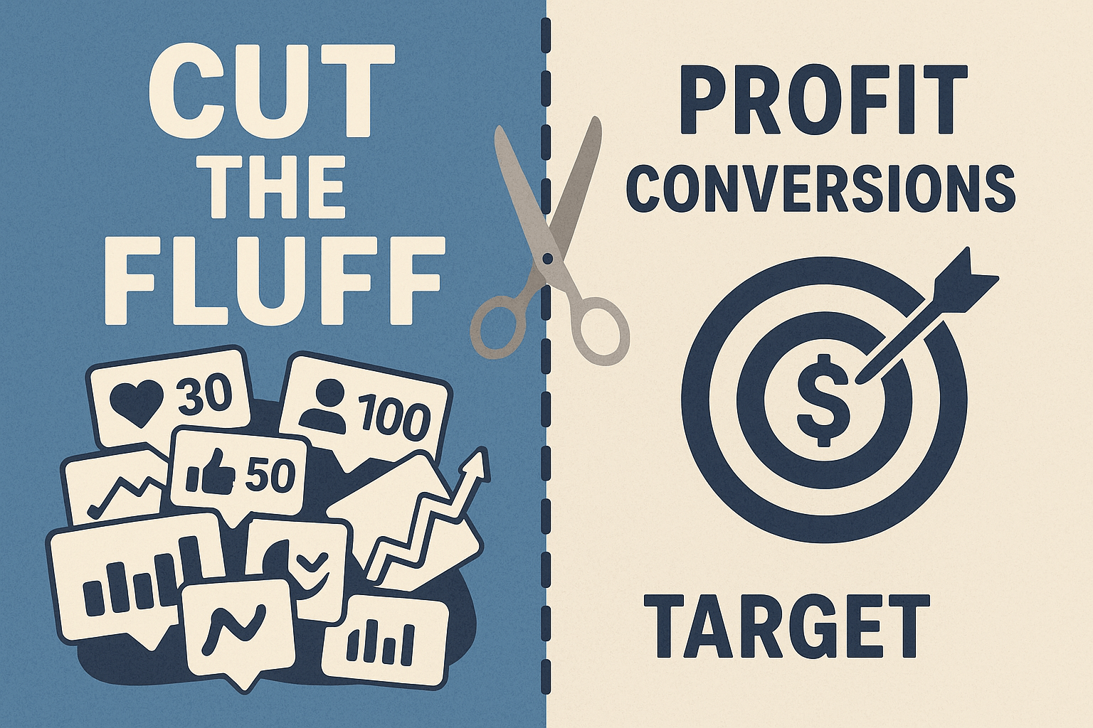 Cut the Fluff feature image showing vanity metrics versus profit and conversions for business analytics article.