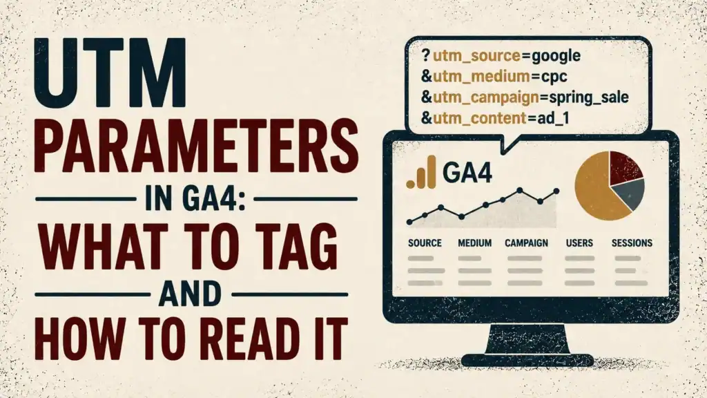 A GA4 report on a monitor with a UTM-tagged URL showing utm_source, utm_medium, utm_campaign, and utm_content, beside the headline UTM Parameters in GA4: What to Tag and How to Read It
