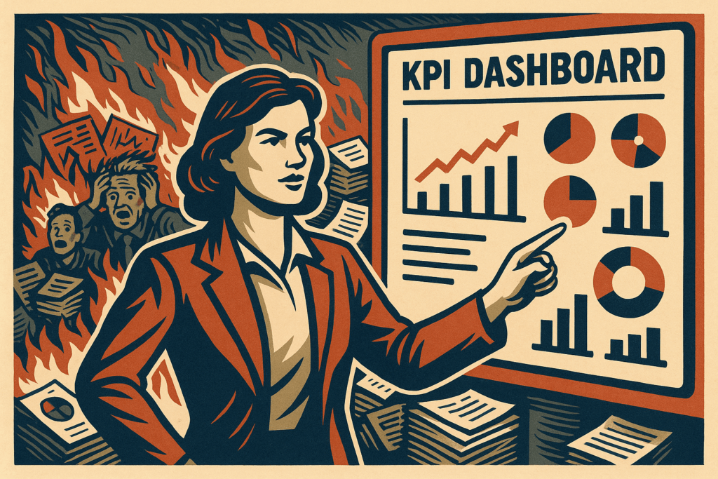 Retro-style illustration of marketer using HubSpot KPI dashboard with chaotic background.