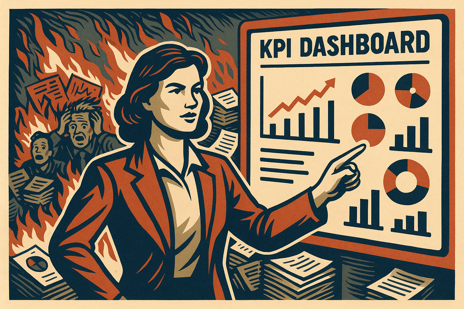 Retro-style illustration of marketer using HubSpot KPI dashboard with chaotic background.