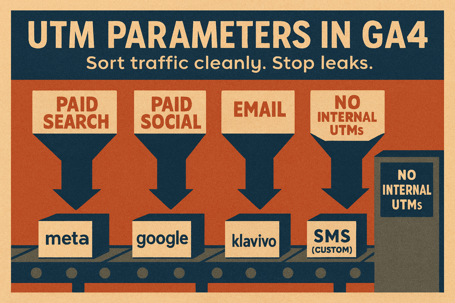 Retro-style illustration showing UTM parameters in GA4 sorting traffic sources into correct channel groups.