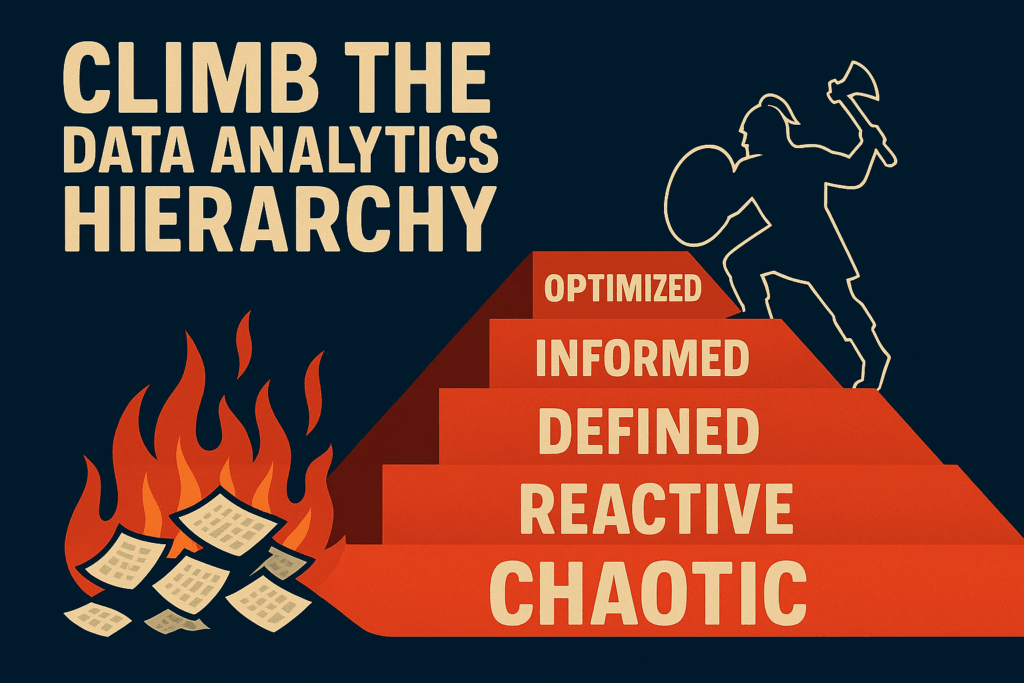 Feature image showing data analytics hierarchy from chaotic to optimized with a warrior climbing steps