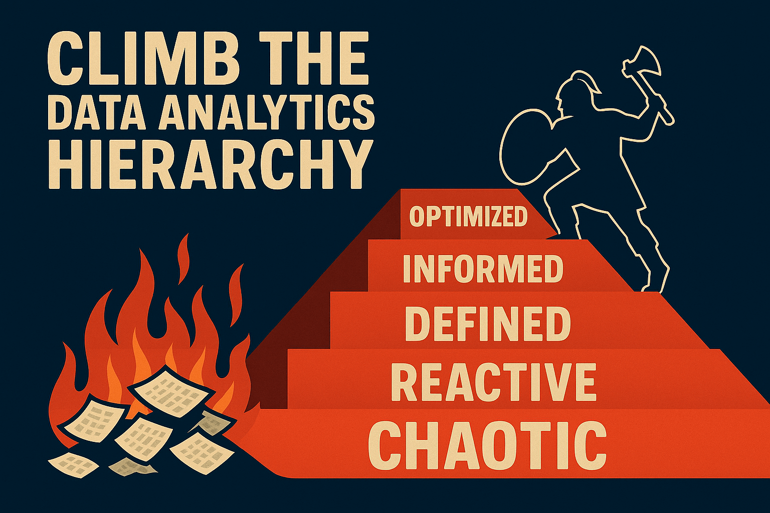 Feature image showing data analytics hierarchy from chaotic to optimized with a warrior climbing steps