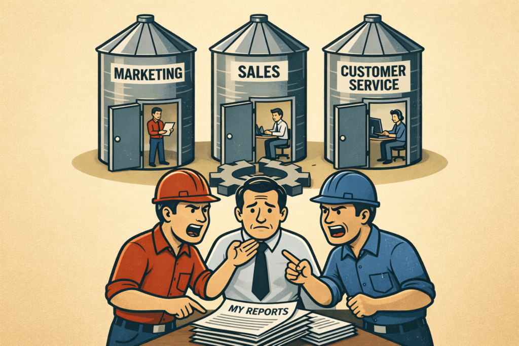 Cartoon of home improvement teams arguing over siloed metrics while owner stresses over reports and profit impact.
