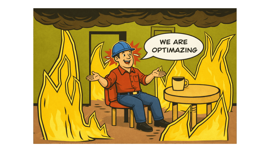 Home improvement owner saying “we are optimizing” while business burns, illustrating skewed conclusions.