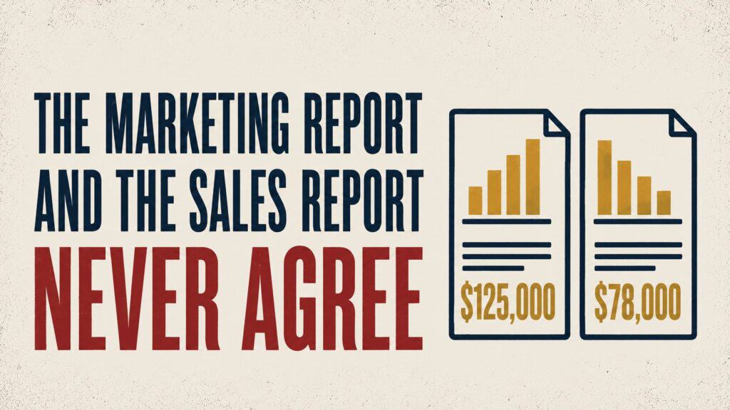 "The marketing report and the sales report never agree," beside two report sheets with mismatched bar charts — one totaling $125,000, the other $78,000.
