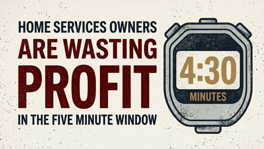"Home services owners are wasting profit in the five-minute window," beside a stopwatch reading 4:30.