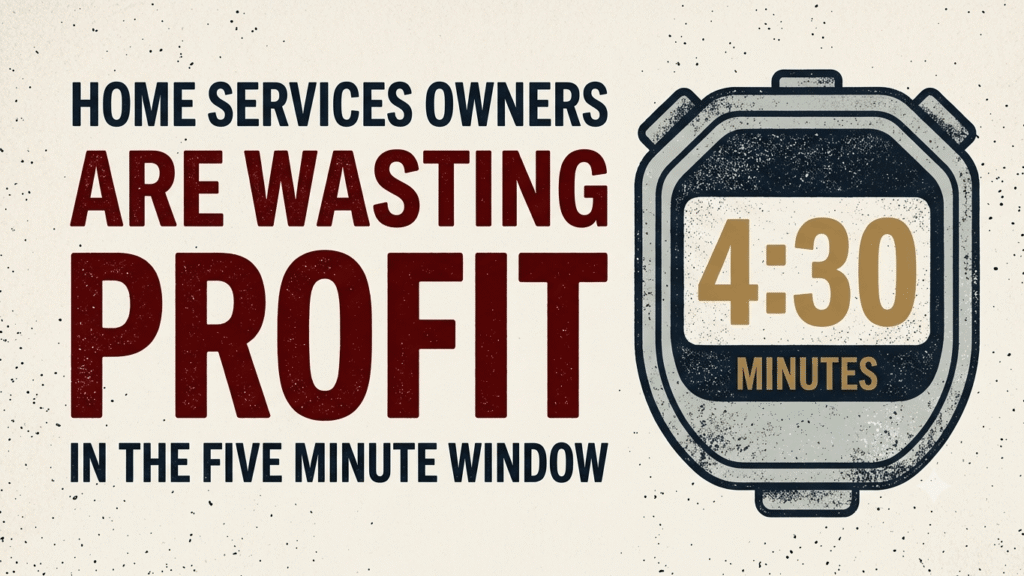 "Home services owners are wasting profit in the five-minute window," beside a stopwatch reading 4:30.