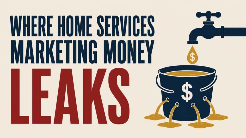 Illustration of a faucet dripping money into a bucket that leaks cash from holes, titled Where Home Services Marketing Money Leaks