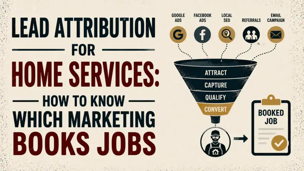 Five marketing channels — Google Ads, Facebook Ads, local SEO, referrals, and email — flowing into an attract, capture, qualify, convert funnel that ends in a booked job, beside the headline Lead Attribution for Home Services: How to Know Which Marketing Books Jobs