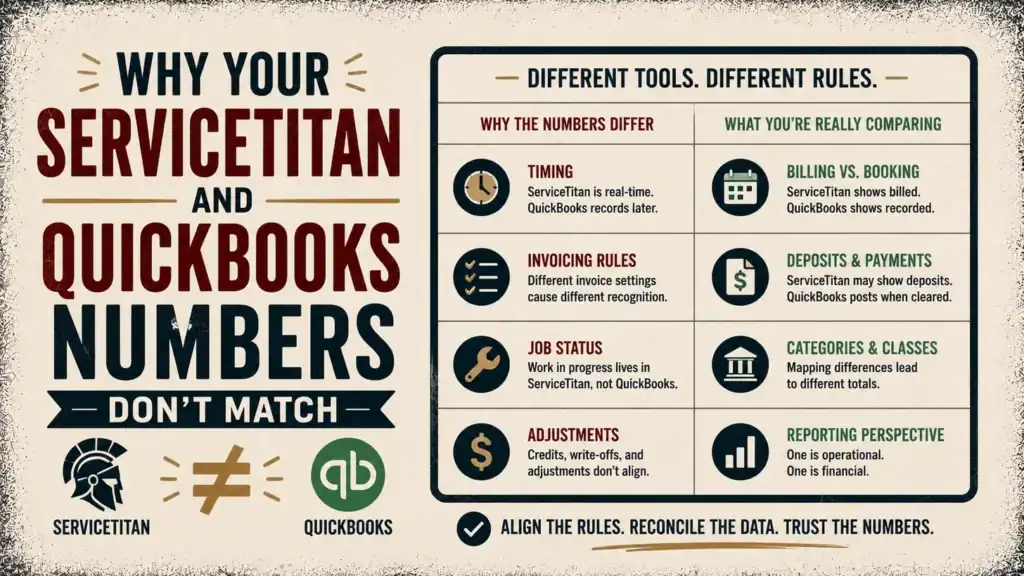 A ServiceTitan-does-not-equal-QuickBooks comparison listing why the numbers differ (timing, invoicing rules, job status, adjustments) against what you are really comparing (billing vs booking, deposits and payments, categories and classes, reporting perspective), beside the headline Why Your ServiceTitan and QuickBooks Numbers Don't Match