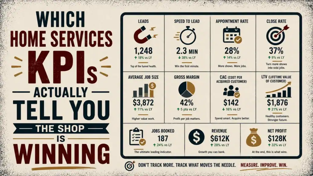 Example KPI scorecard for a home services shop with tiles for leads, speed to lead, appointment rate, close rate, average job size, gross margin, CAC, LTV, jobs booked, revenue, and net profit, beside the headline Which Home Services KPIs Actually Tell You the Shop Is Winning
