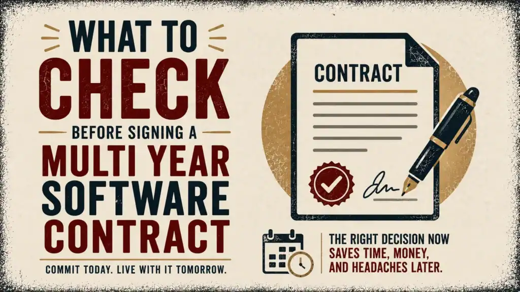 A contract document with a pen, approval seal, and a calendar-and-clock icon, beside the headline What to Check Before Signing a Multi Year Software Contract