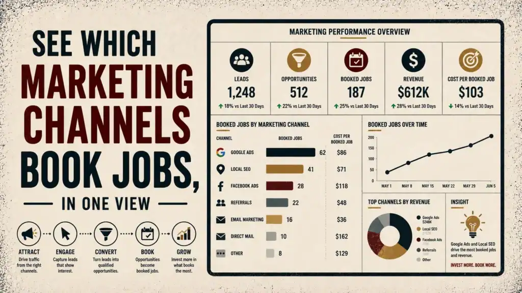 Example marketing performance dashboard showing leads, opportunities, booked jobs, revenue, cost per booked job by channel, and booked jobs over time, beside the headline See Which Marketing Channels Book Jobs, In One View