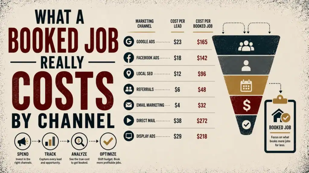 Example table of cost per lead versus cost per booked job across seven marketing channels, feeding a funnel that ends in a booked job, beside the headline What a Booked Job Really Costs by Channel
